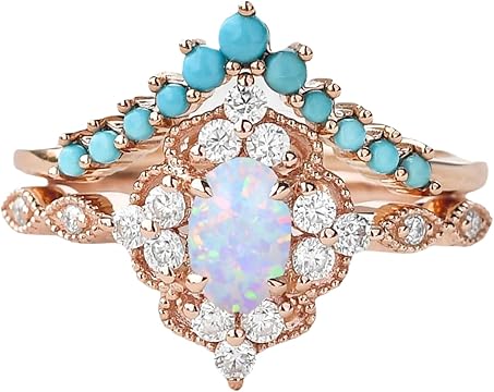 Fire Opal & Diamond Engagement Ring with Turquoise Band for Women in 14K Rose Gold Vermeil - Vintage Ring Set For Women