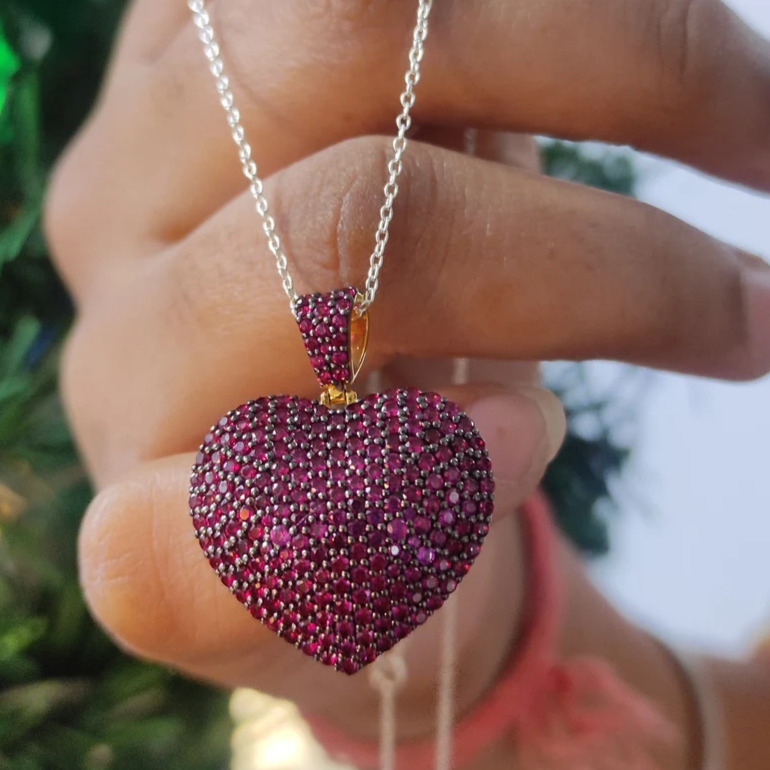 Red Ruby Heart Shape Cluster Necklace Pendant with Necklace