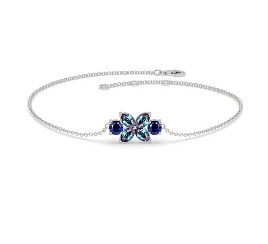 Natural Alexandrite and Sapphire Bracelet 7" in 925 Sterling Silver