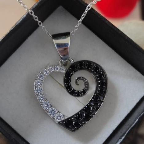 Round Cut Black & White Diamond Heart Pendent Necklace in 925 Sterling Silver - Christmas Gift For Her