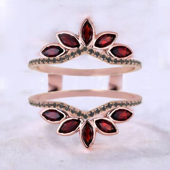 Marquise Cut Red Garnet Leaf Ring Enhancer in 14k Rose Gold Finish - Wedding Wrap Ring Jacket - january birthstone - Gift For Her