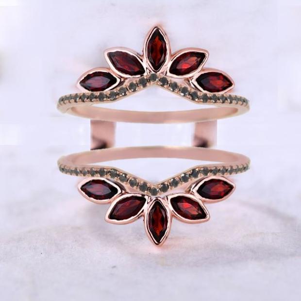 Marquise Cut Red Garnet Leaf Ring Enhancer in 14k Rose Gold Finish - Wedding Wrap Ring Jacket - january birthstone - Gift For Her