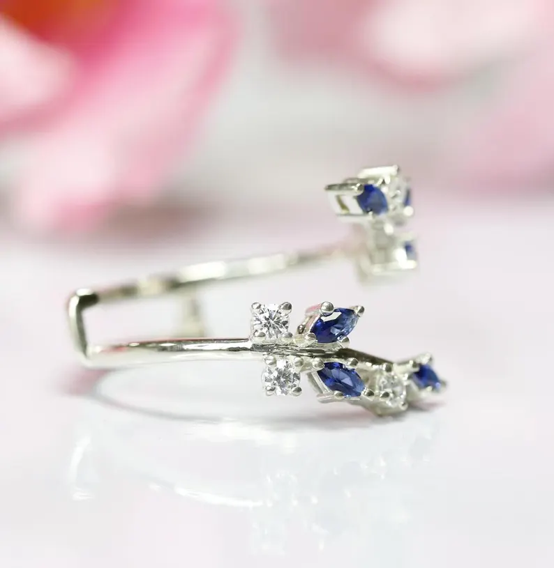 Sapphire Leaf Enhancer Open Wedding ring Guard Nature Inspired in 925 Sterling Silver- Statement Ring Jacket - Christmas Gift