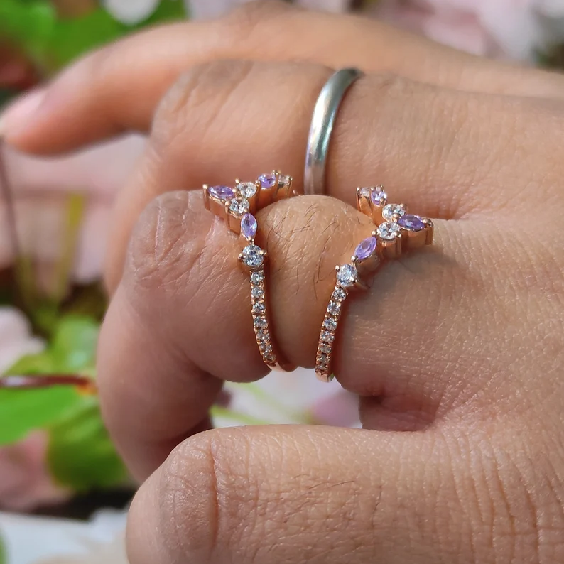 Marquise Cut Amethyst Wedding Enhancer Ring in 14K Rose Gold Finish - Curved Diamond Wrap Ring Gaurd