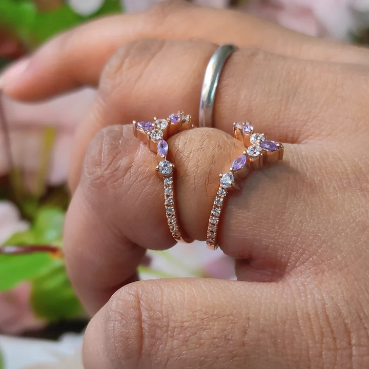 Marquise Cut Amethyst Wedding Enhancer Ring in 14K Rose Gold Finish - Curved Diamond Wrap Ring Gaurd