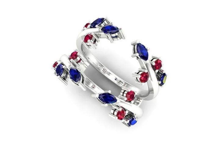 Marquise Cut Blue sapphire And Garnet Leaf Floral Enhancer Wedding Band - Unique Diamond Wrap ring - 14k White gold over