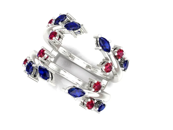 Marquise Cut Blue sapphire And Garnet Leaf Floral Enhancer Wedding Band - Unique Diamond Wrap ring - 14k White gold over