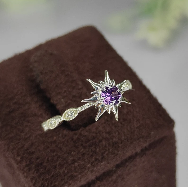 Rapunzel Princess Magic Sunflower Amethyst Ring in 925 Sterling Silver