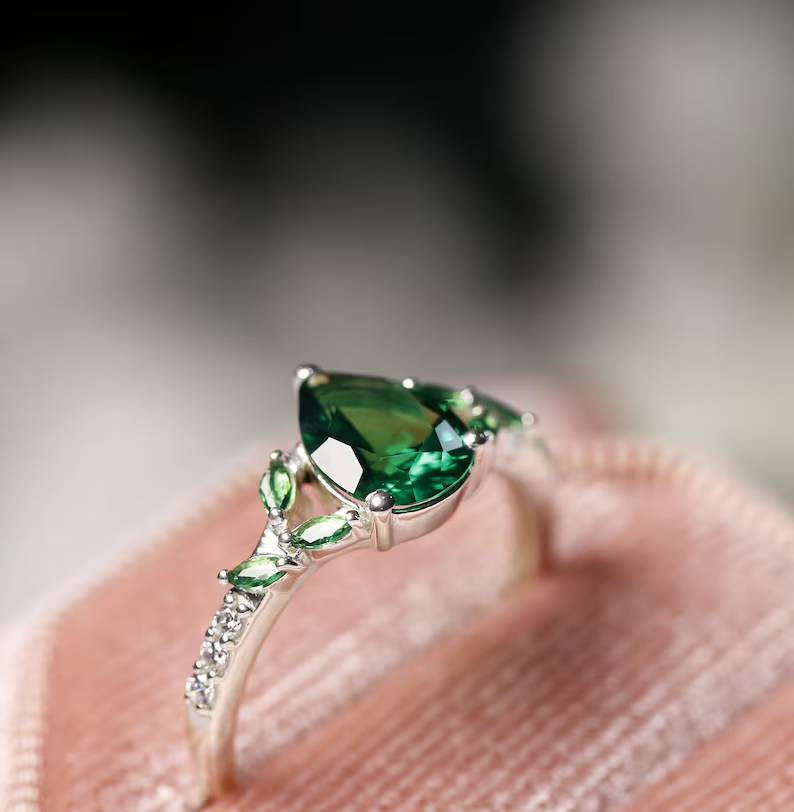 Nature Inspired Green Emerald & Diamond Engagement Ring - 14K White Gold Finish Leaf Promise Ring - Anniversary Gift