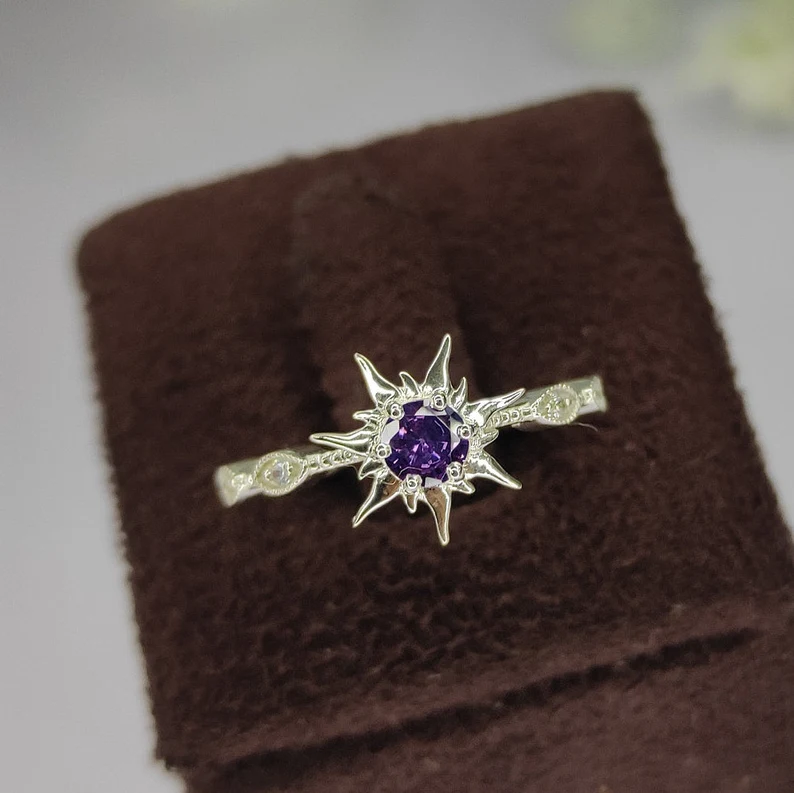 Rapunzel Princess Magic Sunflower Amethyst Ring in 925 Sterling Silver