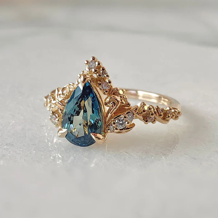 Pear Cut Teal Sapphire Blossom Rose & Dancing Swan Engagement Ring in 925 Sterling Silver - GIft For Her