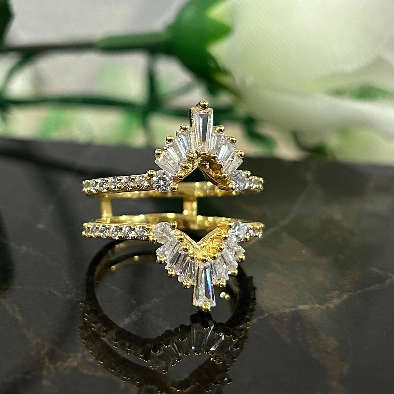 Baguette Ring Guard- Marquise Ring Enhancer Gold Vermeil Diamond Ring Enhance Wrap Engagement Ring Jacket-Ring Wrap Enhance-AJUKEnterprise
